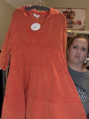 Umgee Orange Textured V‑Neck Midi Dress